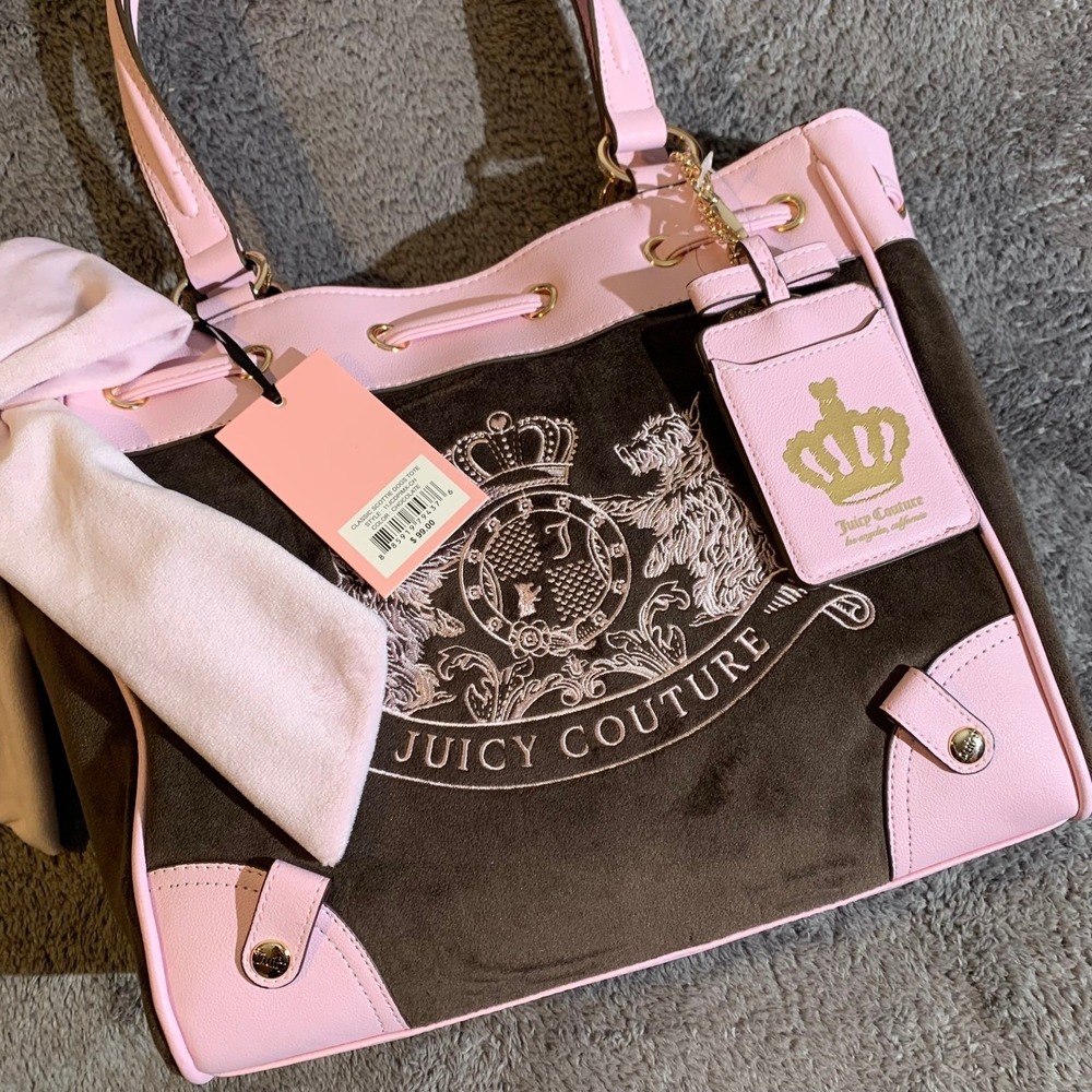 Juicy Couture Classic Y2K Tote Chocolate Pink Velour Bow Bag NEW - Picture 2 of 12